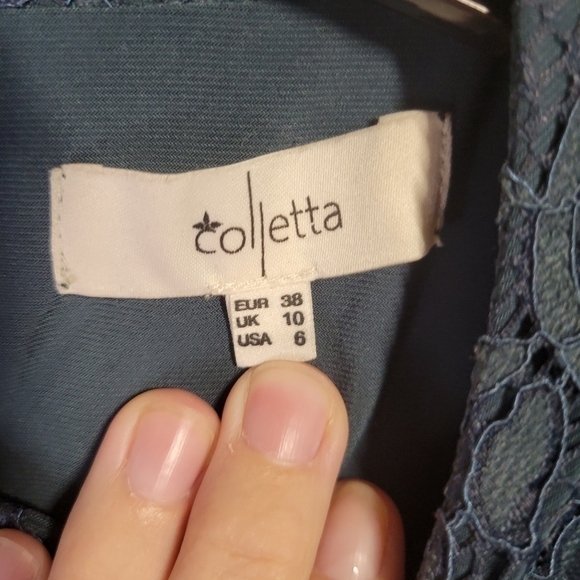 Colletta anthro dark green lace overlay high neck back keyhole lined dress size6 - Picture 9 of 9